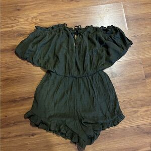 Wishlist Olive Green Off Shoulder Romper Women Size L Boho Ruffle Shorts